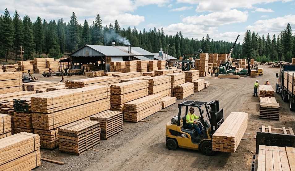 Processing facility with stacks of fresh-milled lumber