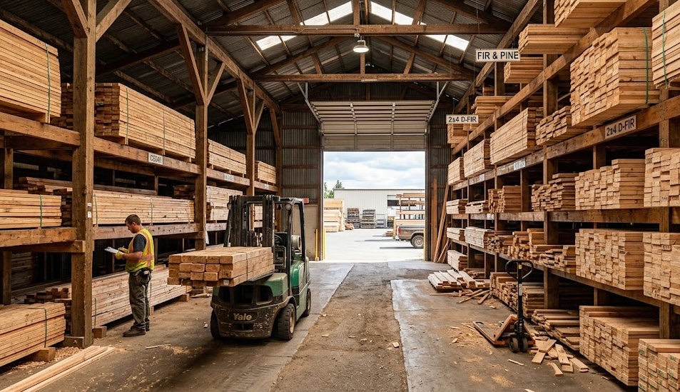 Inside our warehouse — organized lumber inventory